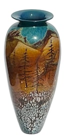 Richard Satava Tall green studio art glass vase with tree decoration