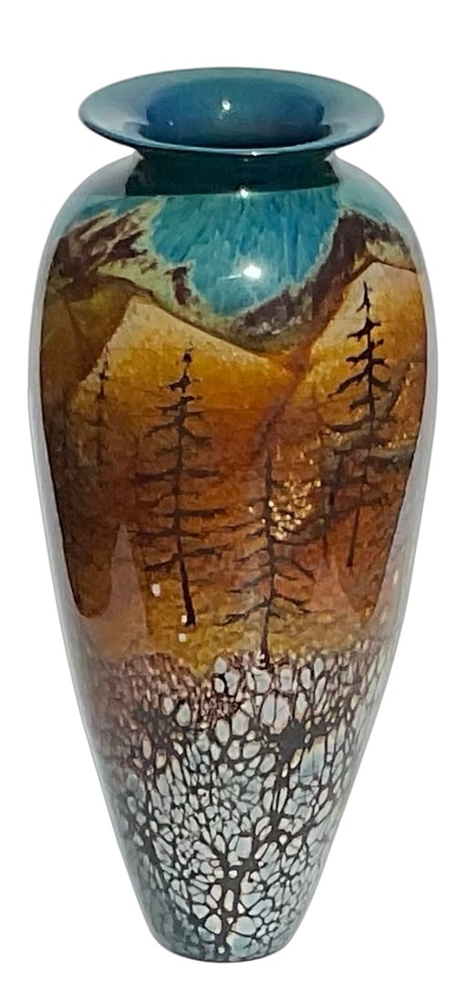 Richard Satava Tall green studio art glass vase with tree decoration: Richard Satava Tall green studio art glass vase with tree decoration