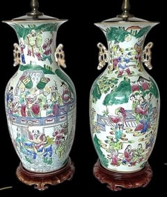 PAIR Chinese porcelain decorative antique pair lamps wood bases