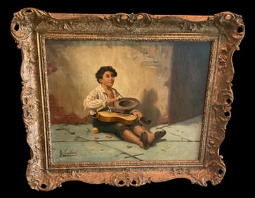 G Carbani 19th Century oil on canvas of street boy with hat