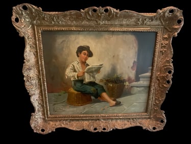G Carbani 19th Century oil on canvas of street boy with newspaper