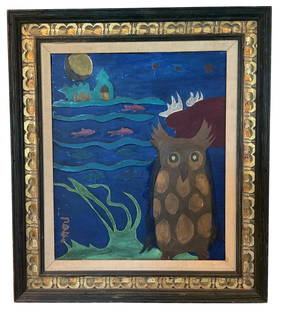 Rosemary Otto Vibrant oil painting with owl: Rosemary Otto Vibrant oil painting with owl