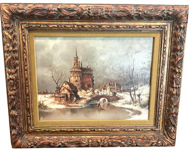 Robreto Scalvini Winter Scene Original oil painting titled skating: Robreto Scalvini Winter Scene Original oil painting titled skating