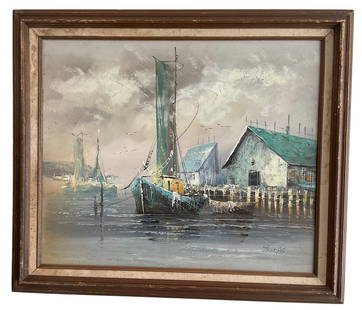 signed THOMAS Original Oil painting of Harbor Scene: signed THOMAS Original Oil painting of Harbor Scene