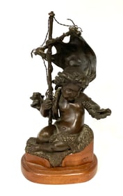 1920's Bronze Putti with sail on wood sculpture