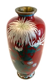 Vibrant red Amazing Meiji Era Cloisonne vase with flowers