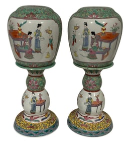 PAIR Signed Chinese Porcelain LAMPS in vibrant colors