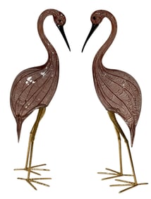 Licio Zanetti Murano PAIR Artist signed Crane figures on brass legs