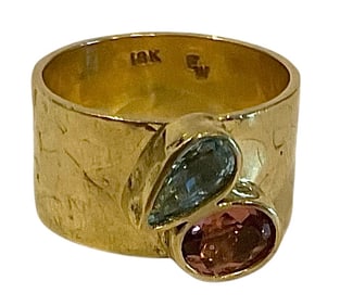 Ed Wiener signed 18K gold hammered gemstone ring mid century modern