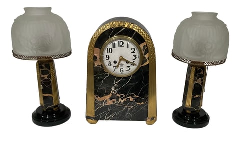 French Marble 3 piece clock lamp set Art Deco era