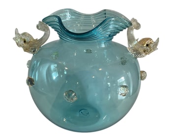 Early Venetian Glass baby blue vase with applied gold dolphin handles and prunts
