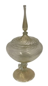Early Venetian Glass gold lidded jar with dolphin decorated foot