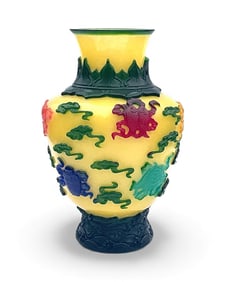 Chinese Imperial Yellow seven color Overlay glass vase Qianlong Period with 4 character Qianlong
