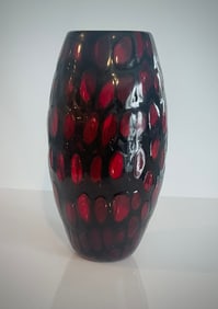 Fratelli Toso red spiral murrine vase with original label circa 1950's