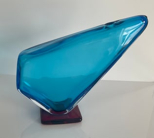Alfredo Barbini Artist signed Blue glass vase with red foot circa 1970
