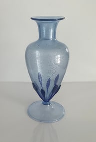 AVEM attributed Murano 1930's Soffiati Vase with silver fleck and applied blue leaf decoration