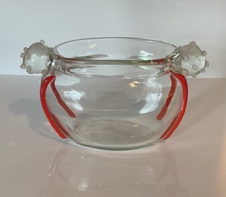 Ercole Barovier Barovier and Toso attributed bowl with circular handles and red pasta decoration