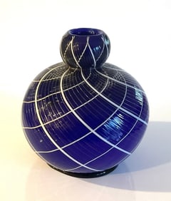 Blue Murano art glass cane vase with white decoration