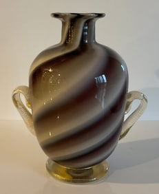 Serenella Murano Art Glass vase with applied gold handles