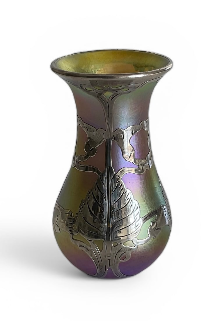 Quezal Signed sterling silver overlay art glass vase: Quezal Signed sterling silver overlay art glass vase