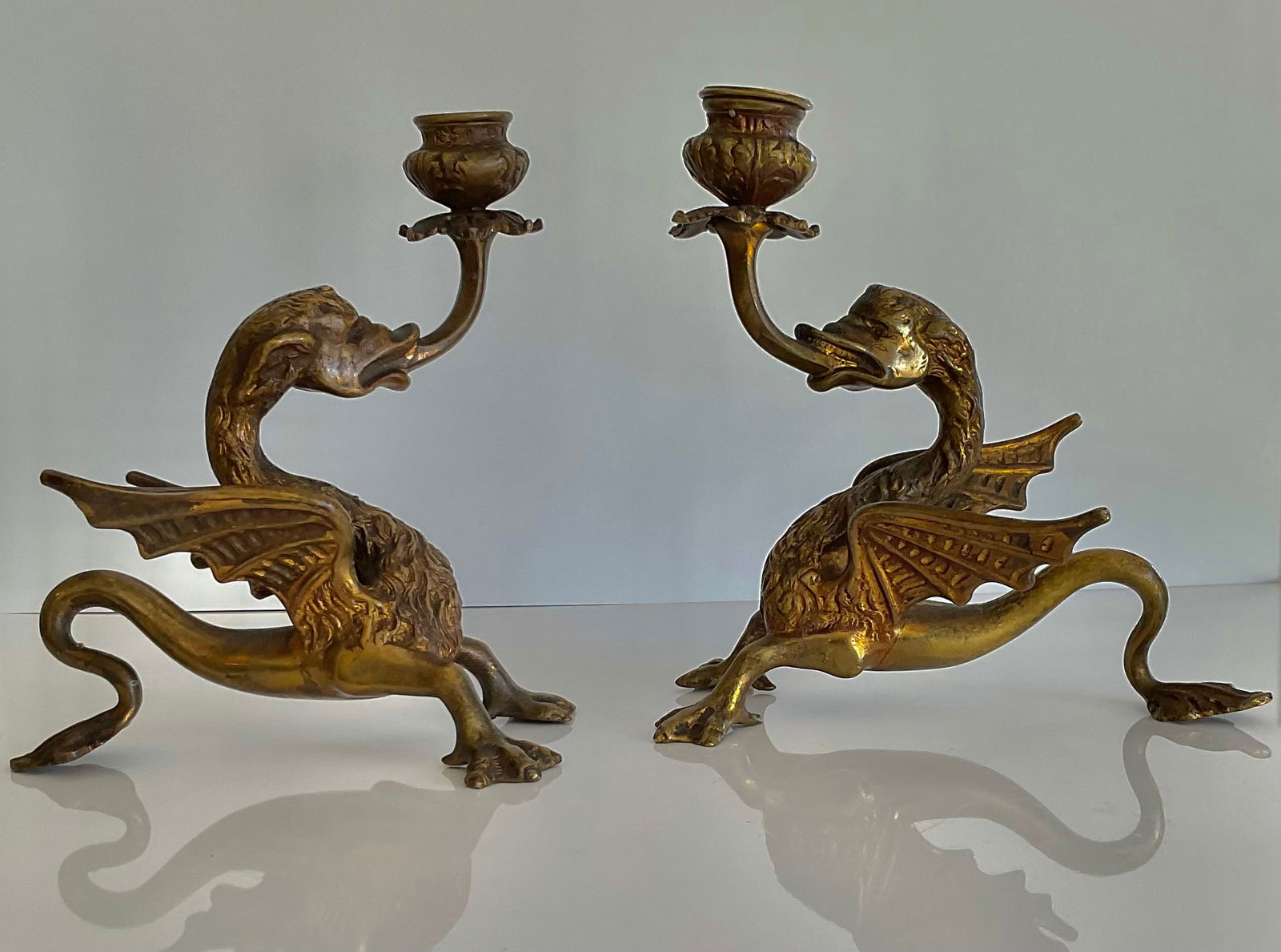 Tiffany Studios Makers bronze signed pair of gargoyle candlesticks: Tiffany Studios Makers bronze signed pair of gargoyle candlesticks