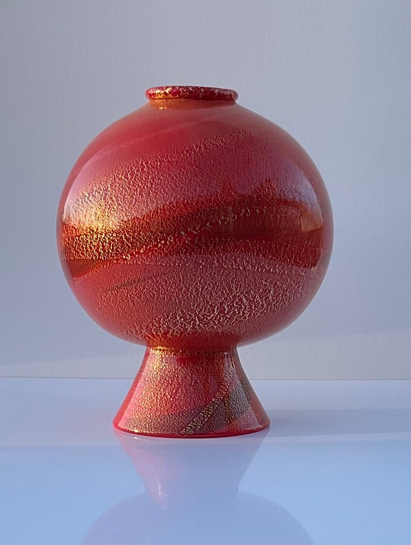 Carlo Scarpa MVM Cappellin Model 5680 Red Pasta Vitrea glass vase with applied gold leaf signed with (1 of 10)