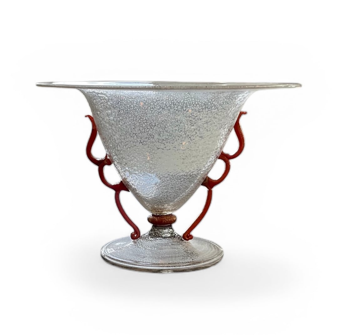 Napoleone Martinuzzi for Zecchin Martinuzzi circa 1930 bowl with applied red pasta vitrea handles (1 of 4)