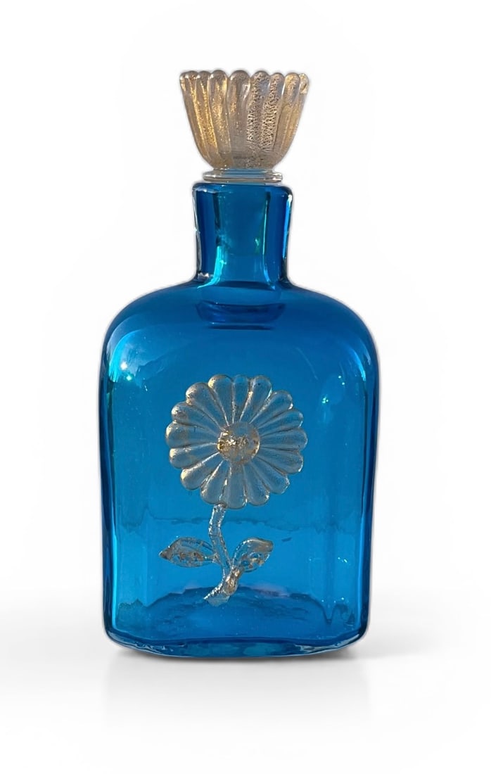 Fratelli Toso Murano Art Glass decanter in vibrant blue with applied flower decoration: Fratelli Toso Murano Art Glass decanter in vibrant blue with applied flower decoration