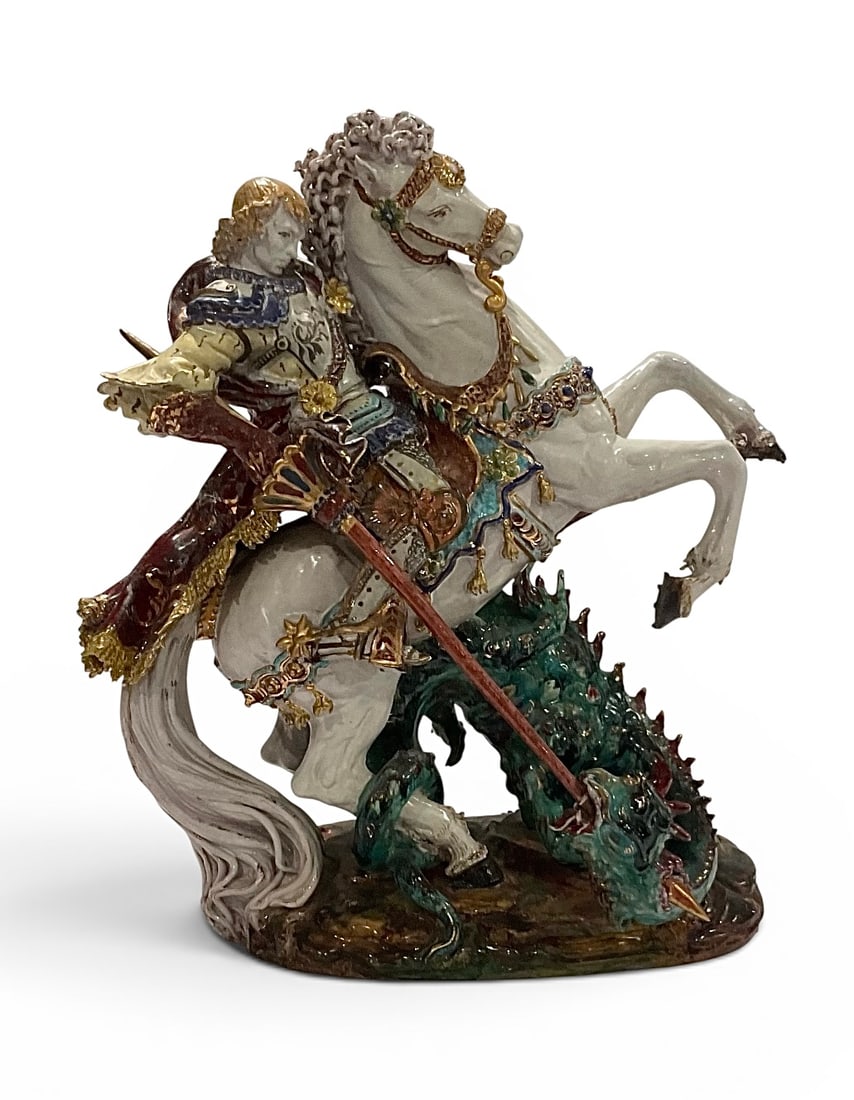 Eugenio Pattarino Signed pottery glass figure of Saint George and the dragon (1 of 1)