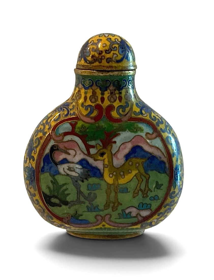 Imperial yellow chinese snuff bottle with deer decoration cloisonne (1 of 1)