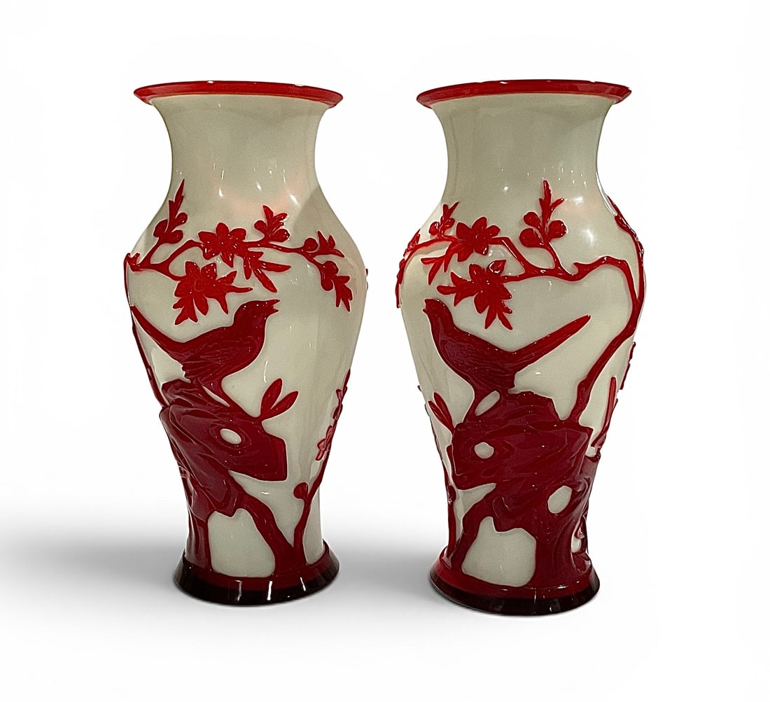 PAIR Chinese White Large Peking glass bird vases with red bird decoration (1 of 1)