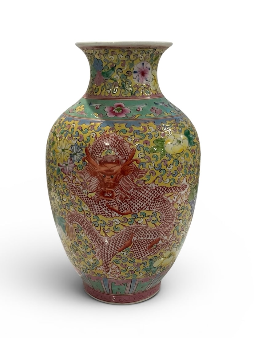 Signed Chinese Porcelain vase with dragon decoration in yellow (1 of 1)