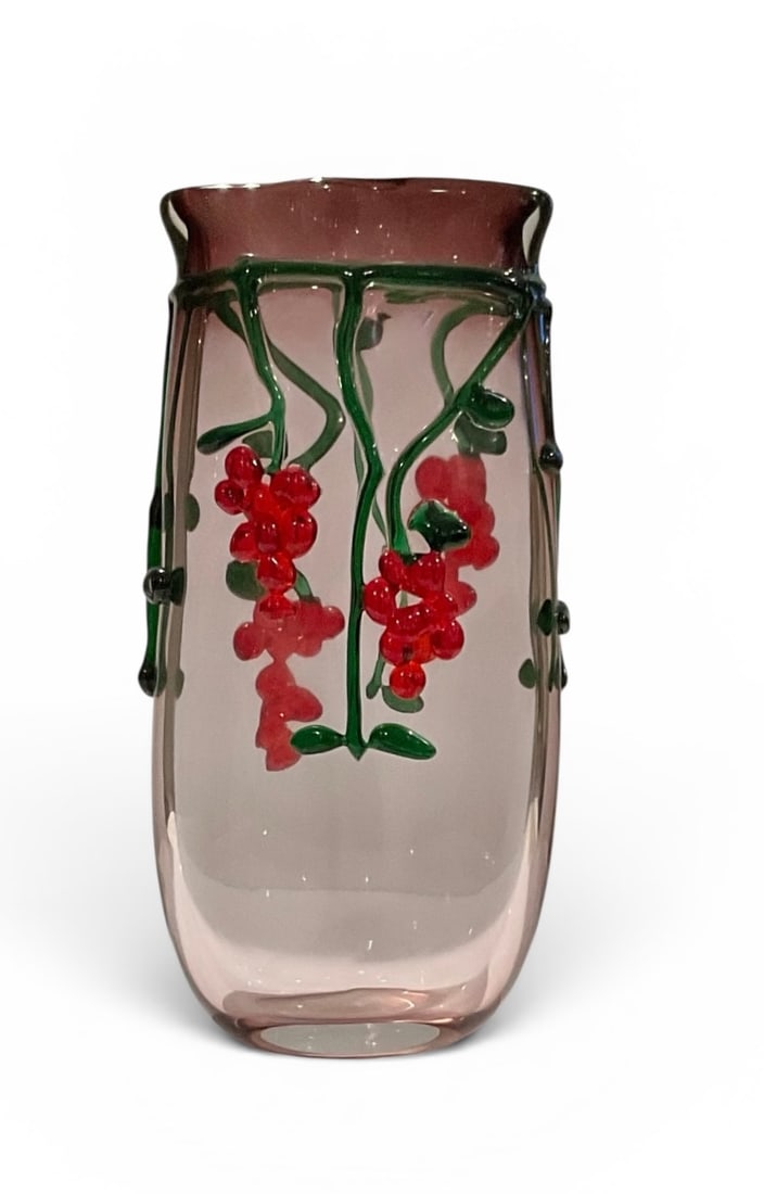 Luigi Mellara Murano artist signed vases with applied grape clusters: Luigi Mellara Murano artist signed vases with applied grape clusters