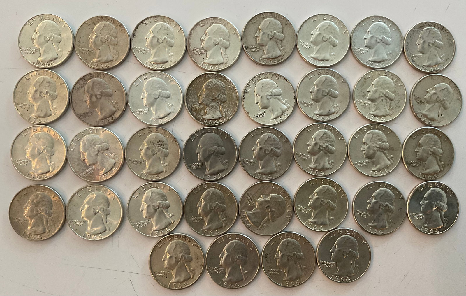 Group of 36 90 percent silver quarters dated 1964 (1 of 1)
