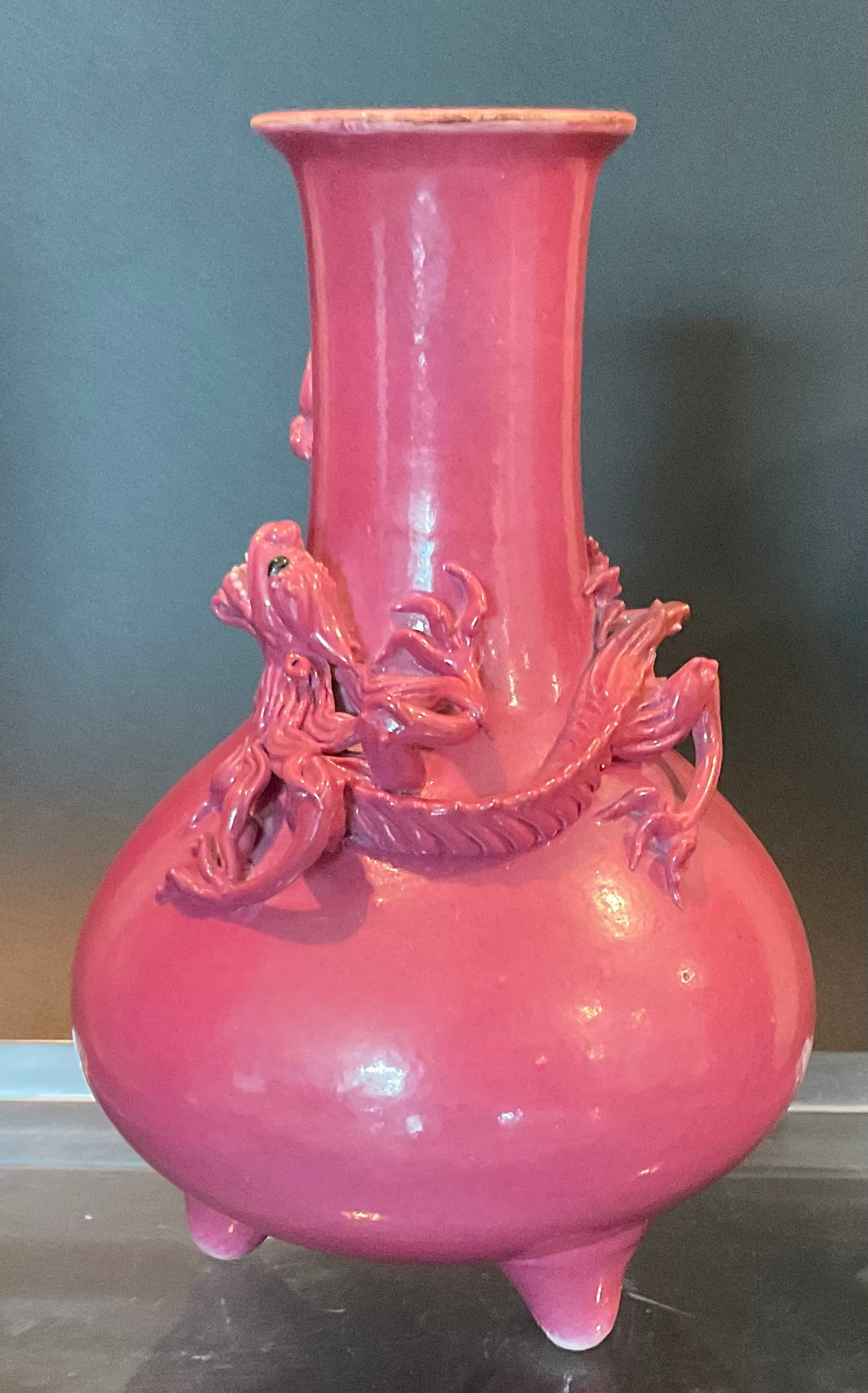 Chinese red pottery vase with applied dragon decoration: Chinese red pottery vase with applied dragon decoration