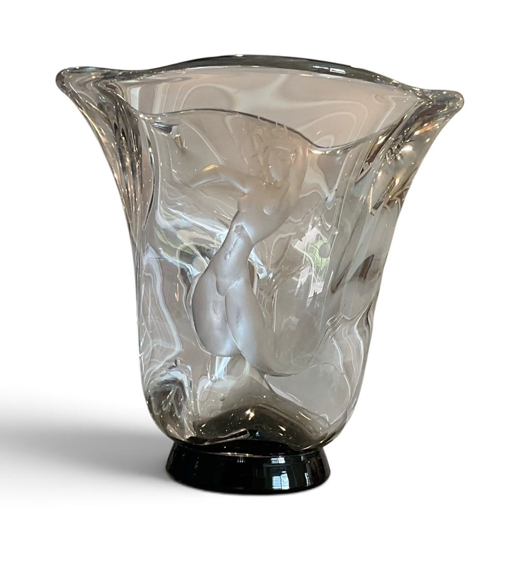 Vicke Lindstrand Orrefors Harp Player engraved vase with black foot (1 of 1)