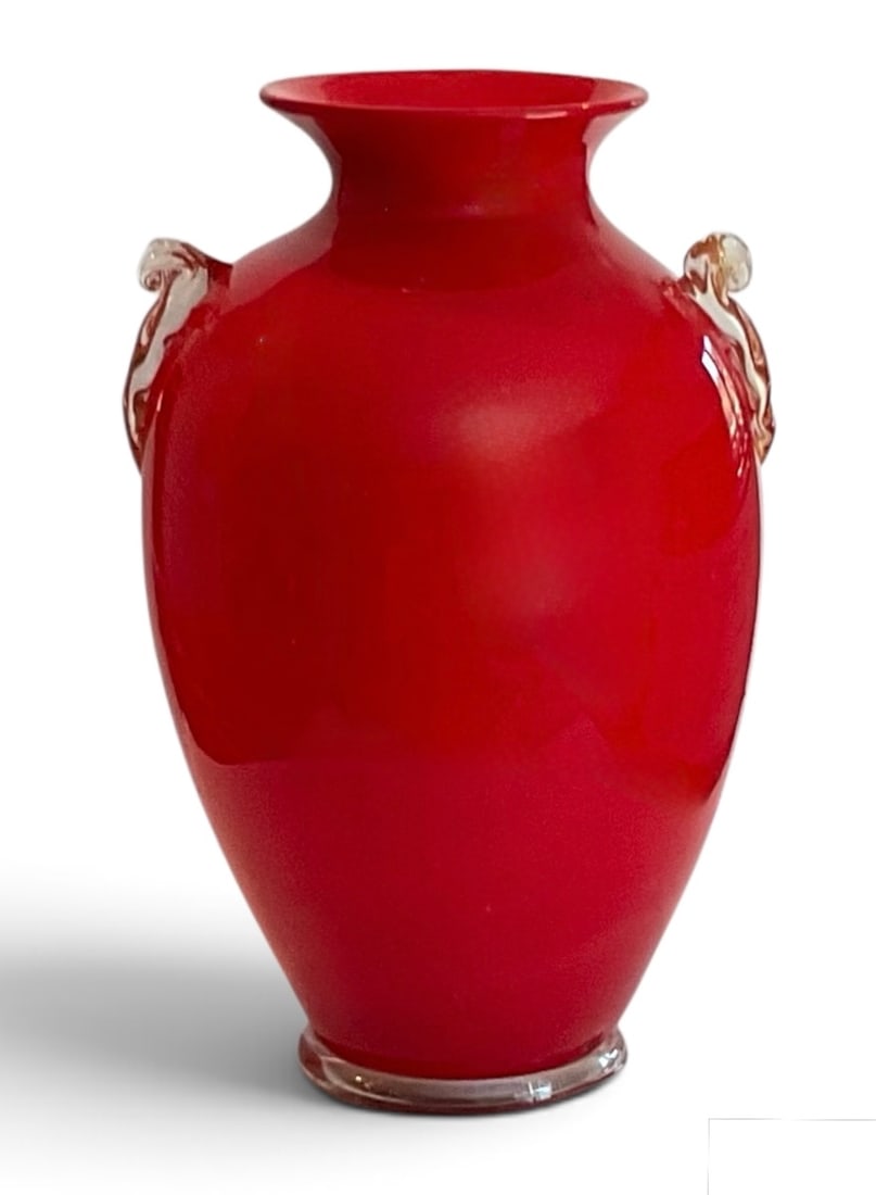 Flavio Poli Seguso Vetri D Arte Model Z 2666 Large red Pasta glass vase with handles (1 of 1)