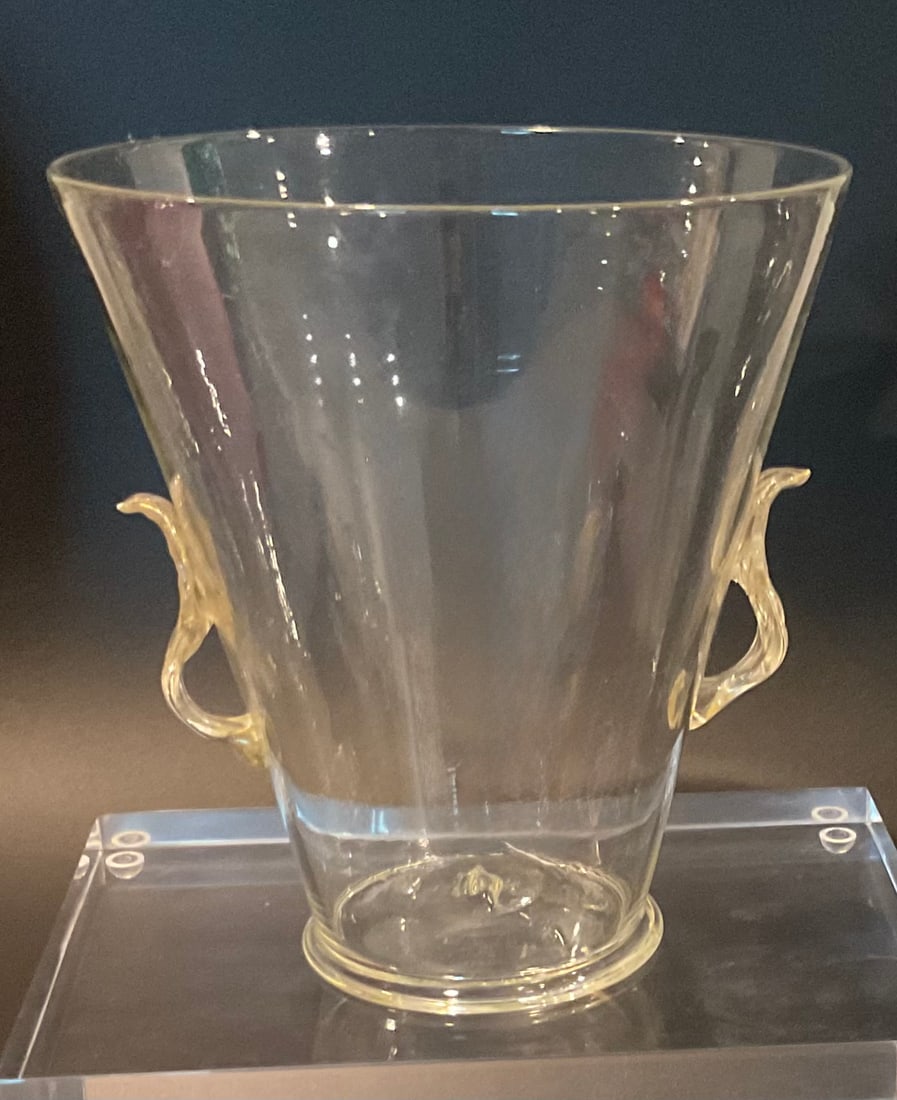 Attributed Seguso Vetri D Arte Clear vase with gold leaf handles circa 1930: Attributed Seguso Vetri D Arte Clear vase with gold leaf handles circa 1931