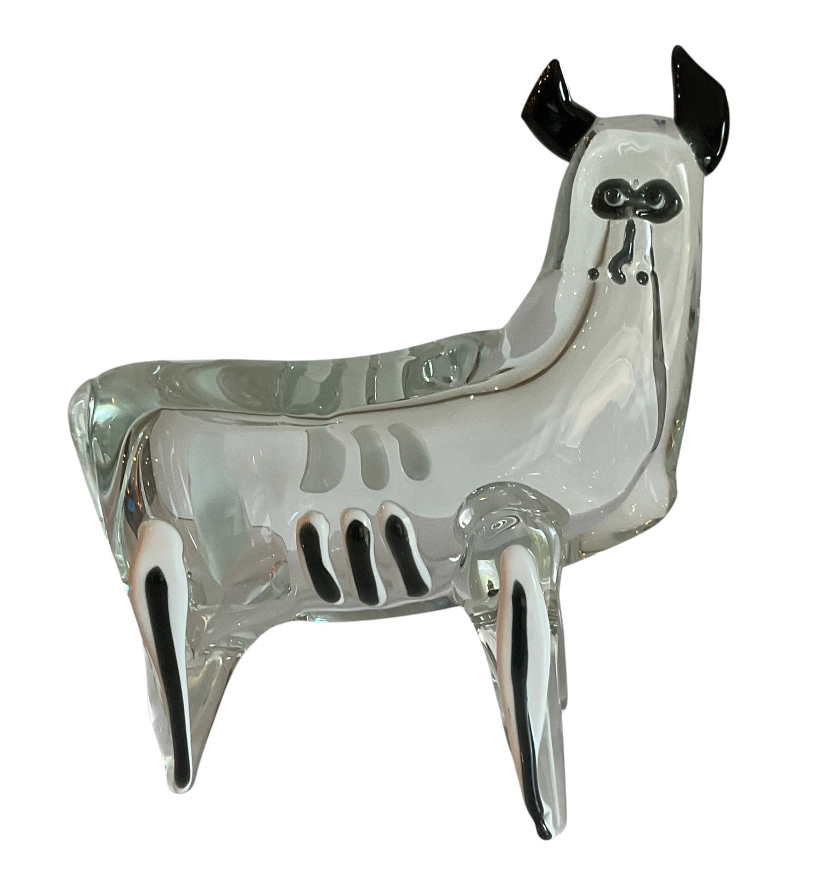 Ermanno Nason Murano art glass sculpture of a bull in clear glass with applied black and white: Ermanno Nason Murano art glass sculpture of a bull in clear glass with applied black and white accent glass