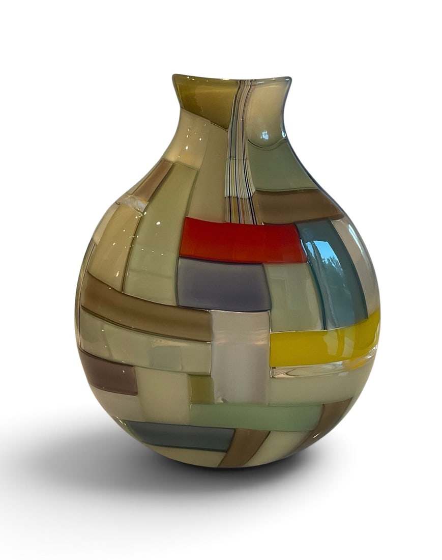 Robin Mixx Studio Glass patchwork vase signed by the artist: Robin Mixx Studio Glass patchwork vase signed by the artist