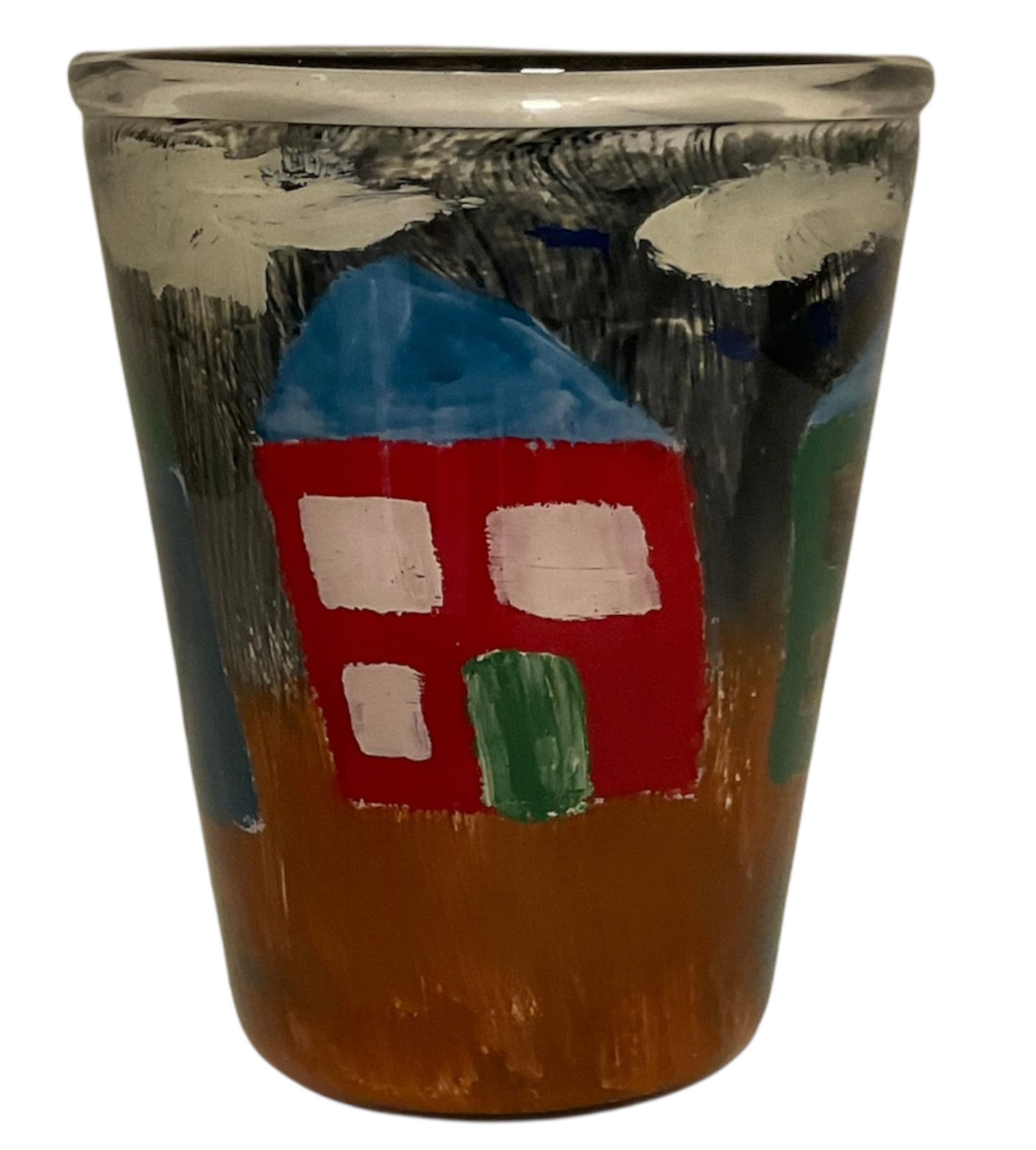 Artist Signed Studio Art Glass Vase with decoration of multiple houses in vibrant colors: Artist Signed Studio Art Glass Vase with decoration of multiple houses in vibrant colors