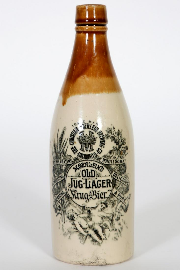 Christian Moerlein Stoneware Beer Bottle: Christian Moerlein Stoneware Beer Bottle Cincinnati,OH Great graphics. Condition: Good with minor staining on the bottom. Size: 3 1/2" D x 10 1/2" H