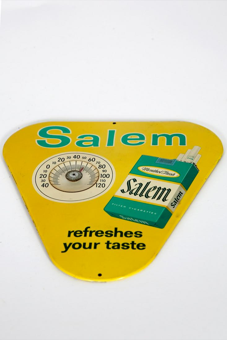 Salem Cigarettes Advertising Thermometer: Nice Salem Cigarettes Advertising Thermometer mfg. by Sartin Advertising Winston Salem, NC. that reads Salem refreshes your taste. Condition: Good with light scratches and light staining to the back. 