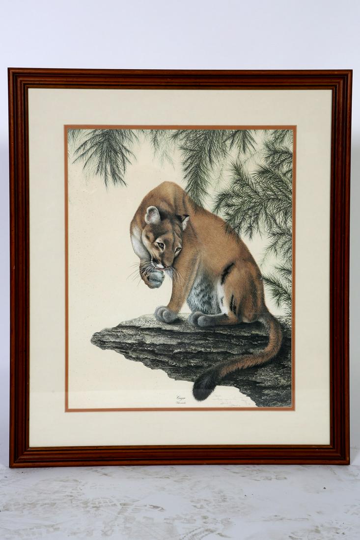 I.H. Farnsworth Signed Limited Edition Print: A signed limited edition offset lithograph on paper after an original painting by I.H. Farnsworth titled Cougar. The piece was printed as Plate V from the artist series The Wilderness Kings. The print