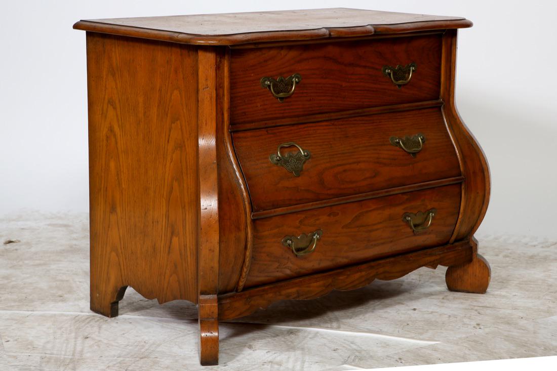 Baker Furniture French Provincial Bombay Commode: Baker Furniture French Provincial Three Drawer Commode/Night Stand w/Bombay front & sides. Signed w/Baker Tag. Condition: Good, some stain rings to the top, normal scratches and wear.