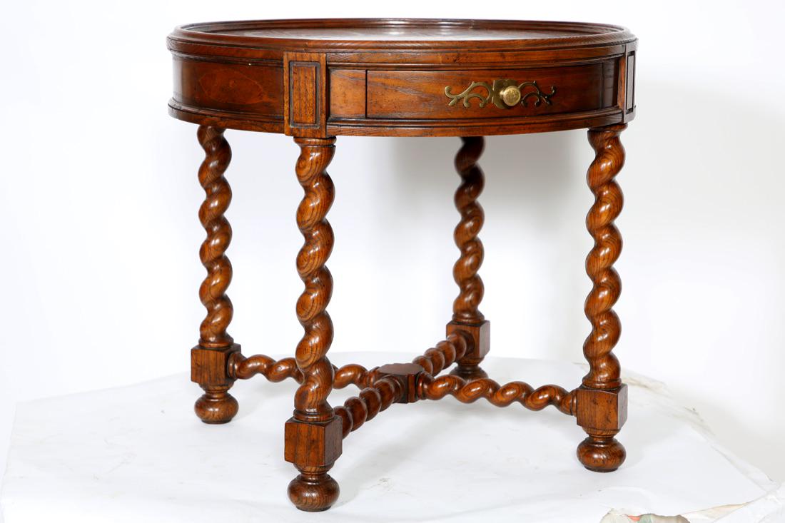 Baker Furniture Barley Twist Round Oak Tea Table: Baker Furniture Oak and Burled Barley Round Tea Table. One Drawer With Baker Oval Tag Inside. Condition:Good, normal wear and scratches. Size: 26" Diameter 24 1/2" H