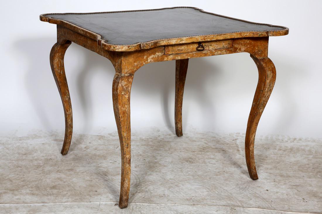 Minton Spidell French Provincial Game Table: Nice Minton Spidell French Provincial Game Table w/Leather Insert Top. Signed w/Minton Spidell Custom Furniture Los Angeles label. Marked #2 Desert Leather Top underneath drawer. Condition: Good with 