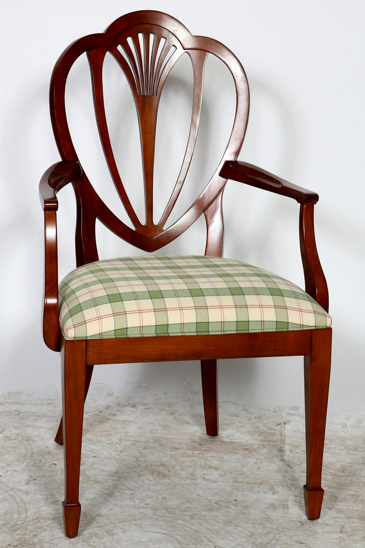 Ethan Allen Hepplewhite Style Shield Back Arm Chair: Ethan Allen Mahogany Hepplewhite Style Shield Back Arm Chair With Brass Ethan Allen Tag. Condition:Good, normal wear and scratches. Size: 23 1/2" W x 19" D x 39 1/2" H