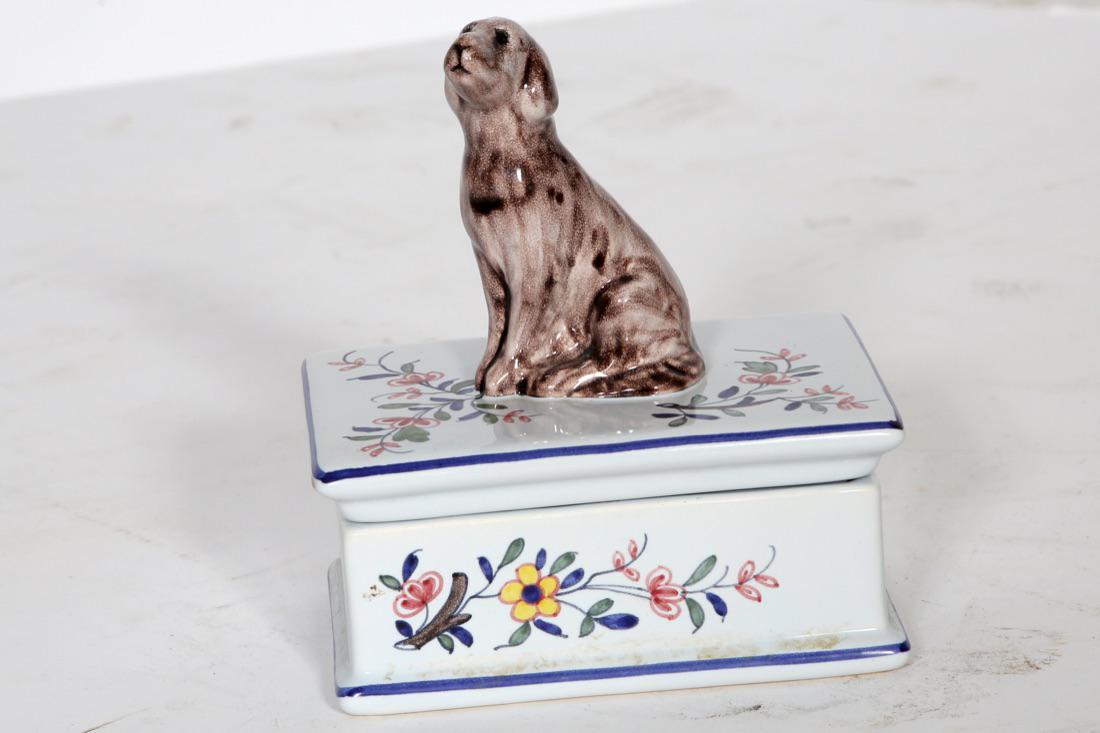 French Faience Tiffany & Co. Covered Trinket Box: French Faience Hand Painted In France For Tiffany And Co. Trinket Box w/ Figural Dog. Condition: Good Size: 5 1/8" W x 3 5/8" D x 6" H.