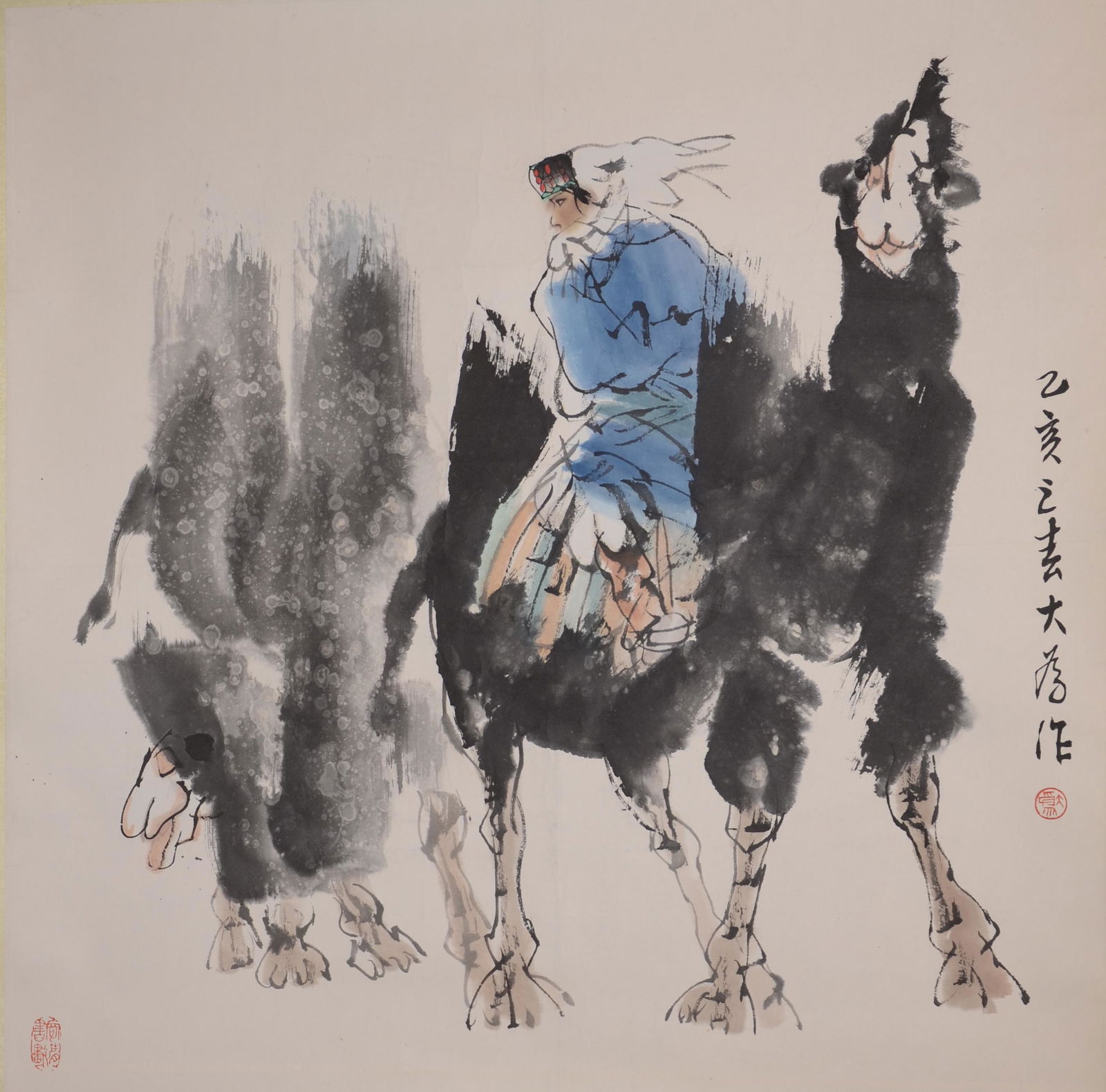 LIU DAWEI (1945- ) ,FIGURE, INL AND COLOR ON PAPER: Liu Dawei was born in 1945 in Zhucheng, Shandong Province. Graduated from the Department of fine arts of Inner Mongolia Normal University in 1968. Graduated from the graduate class of Chinese Painting